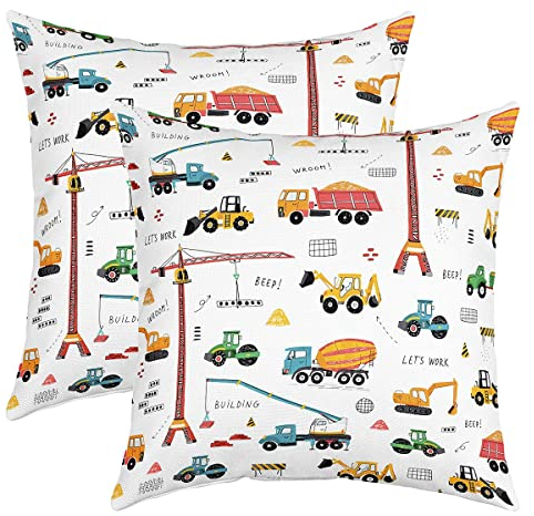 Homewish Kind Bagger Kissenbezüge 40x40 Set Von 2, Traktor Maschinen Lkws Wurf für Haus Bett Couch, Baufahrzeug, Bulldozer Kran Cartoon Dekorative