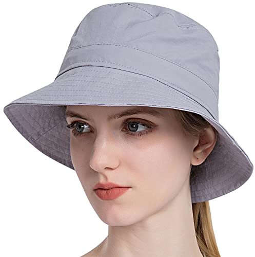 WANYIG Sonnenhut Damen Faltbar Pferdeschwanz UV Schutz Sommerhut Frauen Outdoor Hut Gartenhut Wanderhut Anglerhut Boonie Hat mit Kinnband und Zopfloch(Hellgrau)