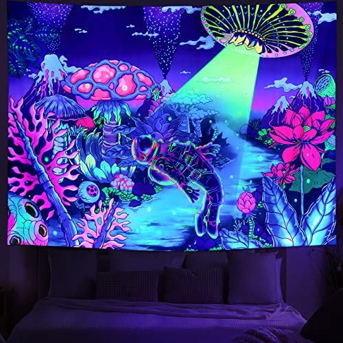 Amhokhui Schwarzlicht-Astronauten-Tapisserie, UV-reaktiver Fantasie-Pflanzen-Wandteppich, Alien-UFO-Tapisserie, buntes Blumenmuster, Wandbehang, Dekoration für Zuhause