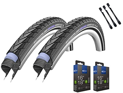 2er Set Schwalbe Reifen Marathon Plus 16 Zoll (35-349) Reflex auswählbar mit Schläuchen + 3 MSZweirad Reifenheber E Bike (16 x 1,35 (35-349), AV Schläuche)