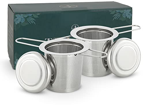 Jojeys 2 Pack Tea Infuser with Lid & Foldable Handles, 304 Fine Mesh Tea Strainers for Loose Tea - Easy to Clean & Durable Stainless Steel Tea Filter Set for Teapot, Green Tea & More