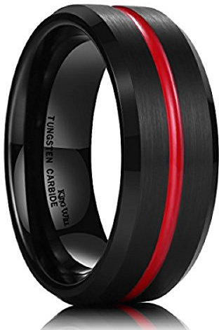 King Will Thin Red Groove Black Brushed Tungsten Carbide Wedding Band Ring Comfort Fit 9.5