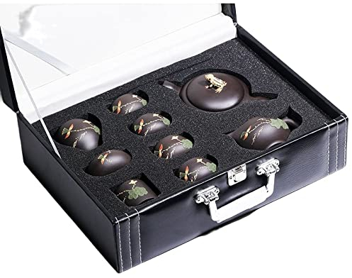 YlobdolY Set di teiera cinese Yixing Zisha, fatta a mano, in ceramica viola, motivo rana di loto, con tazze da tè, brocca, ciotola da tè, filtro per tè e confezione regalo