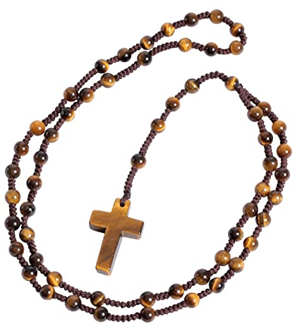 Nupuyai Kristall Kreuz Anhänger mit Tigerauge Stein Rosenkranz Kette für Damen Herren, Katholische Edelstein Gebetskette Kreuz Halskette Heilstein Reiki Schmuck