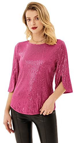 Damen Langarm Pailletten Tops Rundhals Lange Ärmel Loose Fit Casual Tshirt L Rosa Rot CL1777A22-12