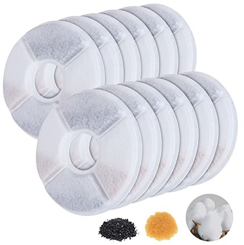 AKOLAFE 12Pack Cat Water Fountain Filters Round Cat and Dog Water Filter Replacement Fountain Filter Cat Water Fountain Filter for Cats, Dogs Flower Fountain, White