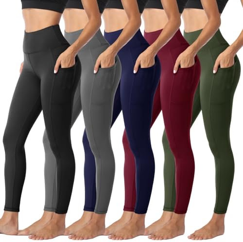 Sundwudu 5er-Pack Leggings mit Taschen für Damen, Bauchkontrolle, hohe Taille, weich, schwarz, Workout-Yogahose, 1–2 Taschen, Schwarz + Grau + Marineblau + Weinrot + Armeegrün, Large-X-Large