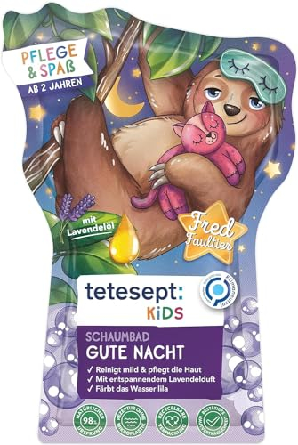 tetesept KIDS Schaumbad Gute Nacht – 15 x 40 ml – Kinderbad mit beruhigendem Lavendelduft und pflegender Rezeptur – Fluffiger Badeschaum und lila Wasser