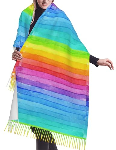 GRatka Schal, regenbogenfarben gestreift, Unisex-Schal mit Fransen, groß, warm, weich, Kaschmir-Gefühl, Tücher, 196 x 68 cm