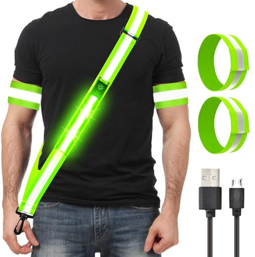 Johiux LED Reflektor Gürtel USB Aufladbarer Reflektorband mit Armband,Gut Sichtbare Reflektoren bei Nacht,Nachtlauf-Sicherheitsausrüstung für NWalking,Laufen und Radfahren für Frauen Männer.