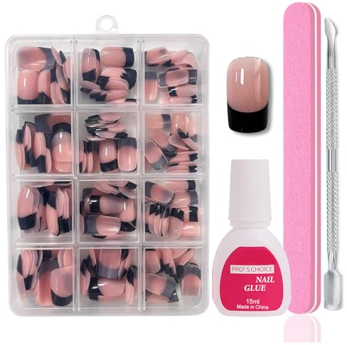 Maggidea French Press on Nails Kit, 240Pcs Short Square Fake Nails French Black Tip Nude Color False Nail Glossy Full Cover Glue on Nails Ballerina Nail Art Manicure (French-Short Square Black)