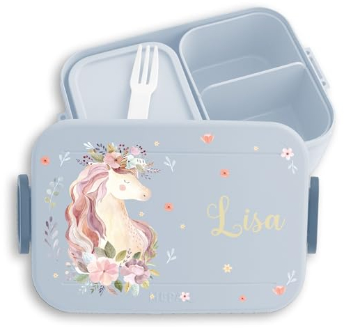 Kinder Bento Box Midi Lunchbox für Mepal Bentobox - Einhörner - Einhorn Geschenk Mädchen Schule I Kindergarten mit Name - 900 ml - Hellblau - einhorn-bento-box personalisierte brotboxen unicorn