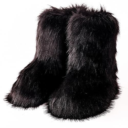 VALPEAKER Fluffy Faux Fur Snow Boots for Women,Furry Warm Winter Boots,Mid-Calf Flat(black6)