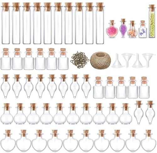 wlertcop 59 Stück Mini Glasflaschen Mit Korken Und Schnur, Herz Glasflaschen langer Flaschenwürfel Mini Fläschchen mit Trichter Schrauben für Hochzeiten Partys Wunschflaschen DIY Basteln