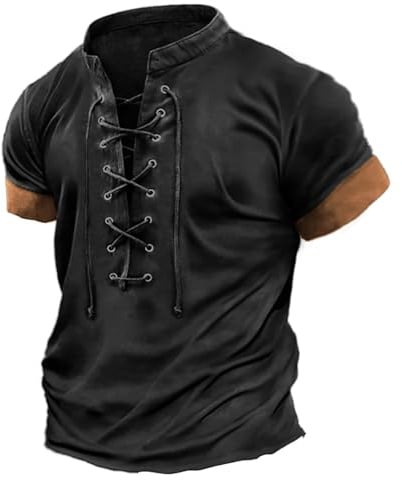 Uwdiohq T-Shirt à Manches Courtes pour Hommes, Mode Printemps et été décontracté, rétro à Lacets, Blocage de Couleur, t-Shirt à Manches Courtes Tuniques Hommes Longues