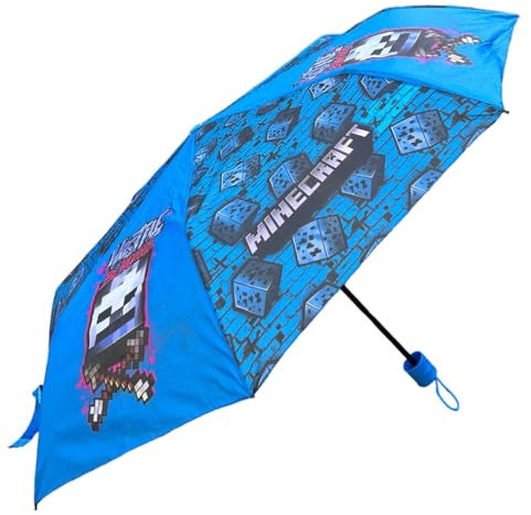 CARTOON Minecraft Faltbarer Regenschirm für Kinder Fiberglas 8 Speichen Taschenschirm, blau
