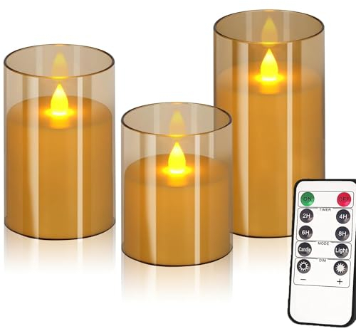 ZVO LED Kerzen Outdoor Wasserdicht Flackernd Flammenlose, 3 Stück Batteriebetriebener LED Teelichter mit Timer, Kunststoff Stumpenkerzen für Tisch Party Zimmer Halloween Weihnachtsdekoration(Gold)