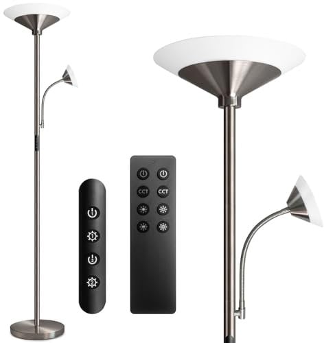 BBHome Stehlampe Wohnzimmer LED, 27W Deckenfluter LED Dimmbar mit 6W leselampe, 3000K-6500K Moderne Dimmbar Stehlampe mit Fernbedienung & Berührung für Wohnzimmer, Schlafzimmer, Büro (silber)