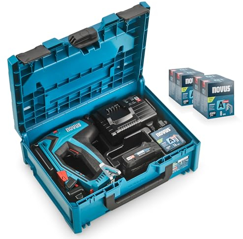 NOVUS TOOLS Akku Tacker J-550 Komplett-Set mit 25.000 Klammern │ metaBOX │ Für Feindrahtklammern 6-14 mm und Nägel 16 mm │ Kompatibel mit 18V Li-Ion CAS Akku │ Elektrischer Profi-Tacker für Holz