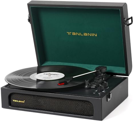 Vinyl Record Player with Integrated Speakers Bass/Treble Gain Vintage Portable Bluetooth Turntable Black & Green