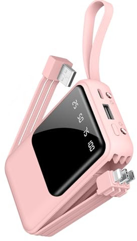 Power Bank 10000mAh Fast Charging Portable Charger with Built-in Cables, Small USB C Battery Pack for iPhone 16 15 14 13 Android Samsung Google Pixel etc (Dark Pink)