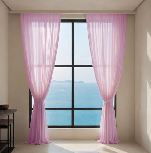 Lukery Rideau Voilage, Lot de 2 Rideaux Voilage, Voilages Intérieurs Rideau Fenetre pour Salon Voilage Fenetre Moderne Panneaux de Rideaux Intérieurs (140x245cm,Rose Sakura)