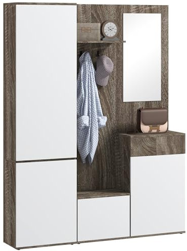 HOMCOM Mobile Attaccapanni da Ingresso 4 in 1 con Specchio, Ganci e Ripiani Regolabili Interni, Mobile da Ingresso Multiuso in Legno con Cassetto, 145x29x184 cm, Nero e Bianco