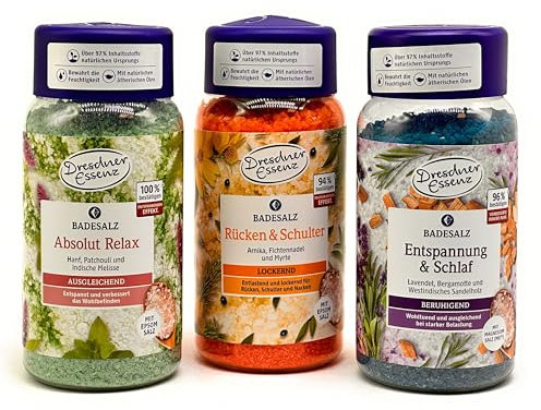 Dresdner Essenz 3er Pack Badesalz: Entspannung & Schlaf; Rücken & Schulter; Absolut Relax 3 x 600g - Aromatisch-Kräuterig, Grün - Relaxing, Stress Relief