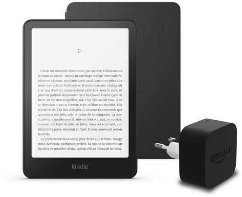 I'ultimo Kindle Paperwhite (versione 2024) da 16 GB con pubblicità, una copertura in tessuto Amazon e un alimentatore Amazon Powerfast da 9 W.