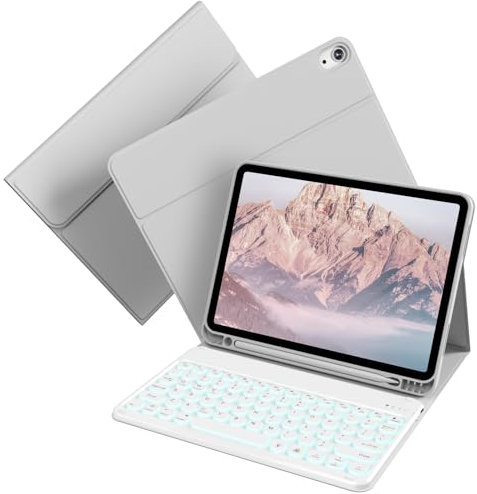 KVTVOU Funda con teclado para iPad Air de 11 pulgadas 2025/2024 (M3/M2), iPad Air de 10.9 pulgadas 5ª/4ª generación 2022/2020, retroiluminación de 7 colores, teclado inalámbrico recargable, encendido