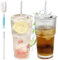 GOMETY 2 Stück 600ML Gerippte Glasbecher mit Deckel und Strohhalm, Smoothie Becher aus Hochwertigem Dickglas Wasserdicht Design Transparente Gestreifte Gläserbecher Trinkgläser für Kaffee Bubble Tea