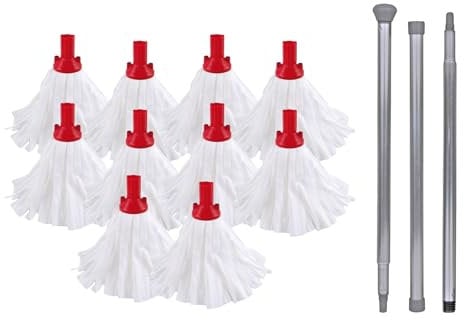Large Floor Mops Mop Head Refills (10 Super Absorbent Mops With 140cm Handle) For Hard Floor Mopping Cleaning Home office and Commercial Use Red