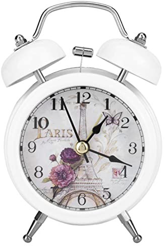Jwthee Nachts Wecker Batterie, Twin Glocken Wecker Retro Stille mit Hintergrundbeleuchtung kleine runde Metalluhr mit Glockenstil -Oberteil für Schlafzimmer und Heimdekoration (Weiß)
