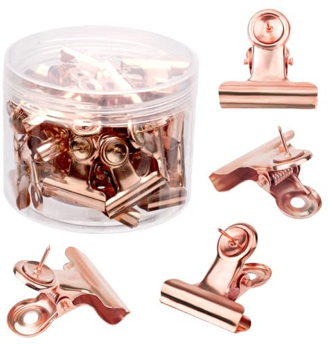 30st Reißzwecken Klammern, Bulldog Klammern mit Anstecknadeln Metall Reißzweckenhalter Pinnwand Korktafel Zubehör für Home Office Arbeitsflächen (Roségold)