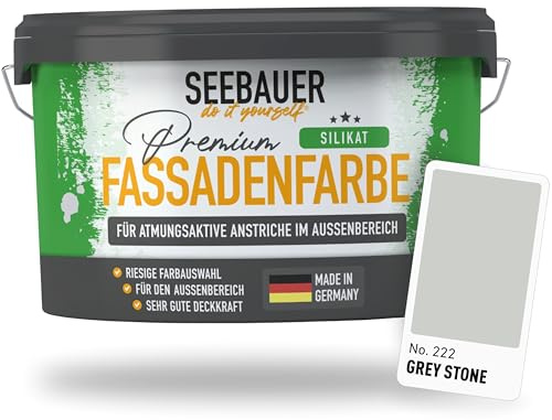 SEEBAUER diy Silikat-Fassadenfarbe Grau 5L für Außen (No. 222 Grey Stone) Atmungsaktive Mineralfarbe für Fassaden - Geeignet für Putz, Mauerwerk und Beton