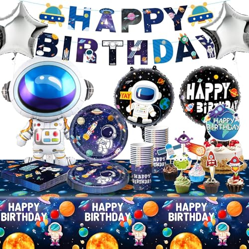 Weltraum Geburtstag Deko Set, 92 PCS Partygeschirr Kindergeburtstag für 20 Gäste mit Großer Astronauten olienballon Partyzubehörset Cooler Junge Tortenstecker Luftballons Pappteller Tassen Servietten