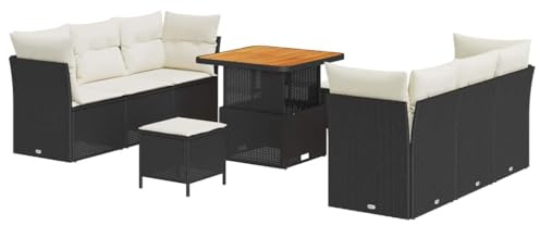 vidaXL Gartensofa-Set mit Kissen 9 pcs Schwarz und Creme Poly-Rattan, Moderne Garten-Sofa-Garnitur, ergonomische Couch, wetterfestes Mobiliar, ausziehbarer Tisch, Stauraum, Lounge für Terrasse