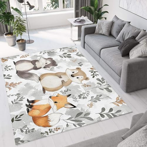 CEDNXOER Teppich Cartoon Wald Tiere rutschfest Waschbar Teppiche, Biber Dachs Fuchs Druck Raumteppich für Schlafzimmer Kinderzimmer Esszimmer Kurzflor Grau Wohnzimmer 80x150cm Schlafzimmerteppich