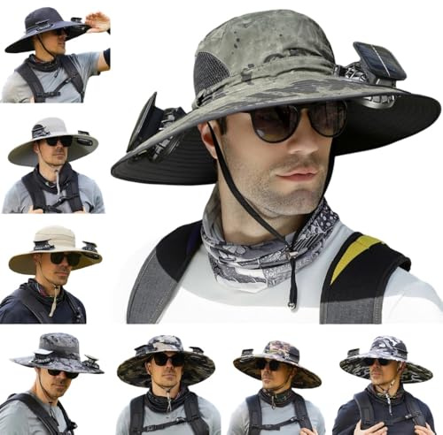 KISUFU Solar & USB Charging Fan Outdoor Fishing Hat, Hut mit integriertem Ventilator, Solarventilator Ventilator Mütze für Herren. (DE/NL/SE/PL, Alphanumerisch, XS, XXL, Camouflage-S1)