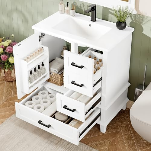 FAYICIC 76 x 46 x 83,5 cm. Armario de baño de pie con lavabo, lavabo, lacado completo, estante para puerta, tres cajones silenciosos, lavabo de cerámica integrado (blanco)