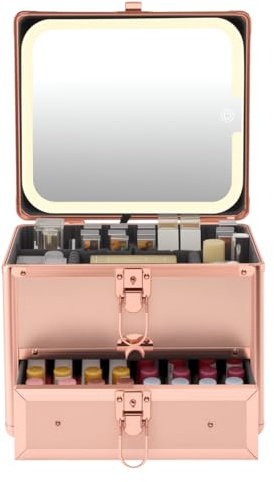 Makeup Box with Drawer and Lighted Mirror Travel Train Case, Cosmetic Organizer with Adjustable Dividers and Magnetic led Mirror (Rose Gold)