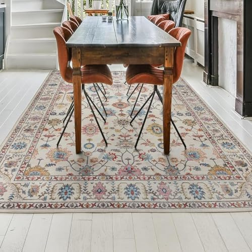 Area Rugs Teppiche,Blumenmuster, bunt, Vintage, moderner Druck, Creme, 140 x 200 cm, waschbarer Teppich für Wohnzimmer, Schlafzimmer, dekoratives Wohnaccessoire, Bauernhaus-Teppich