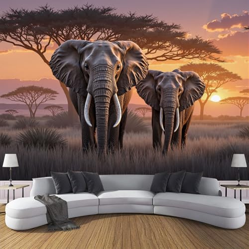 Tapete Fototapete 3D Afrika Elefanten 350×256cm(W×H) Vliestapete Wandbild Fototapeten, Sonnenuntergang Wiese Vlies Tapeten XXL Wandtapete Schlafzimmer, Wohnzimmer, TV Hintergrund