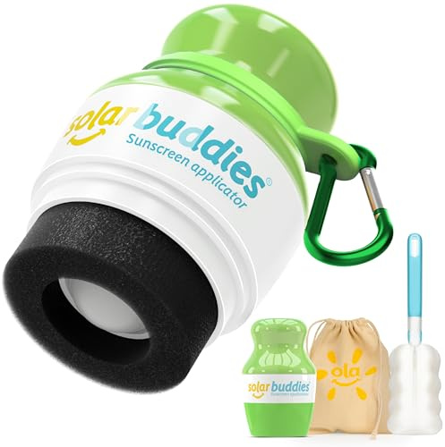 Solar Buddies Grab & Go Reisebundle, Karabiner-Clip & Reinigungsbürste – Grün – Vollgröße – Nachfüllbarer Roll-On Schwamm Sonnencreme- & Lotion-Applikator für Kinder, Erwachsene & Familien – 100 ml