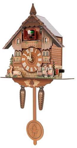 RjcdOPL Kuckucksuhr mit Pendel, Kuckucksuhr aus Holz, Vintage, Stundenglocke 7:00 – 21:00, Lautstärke verstellbar, batteriebetrieben, Hausdekoration, Chalet für Wohnzimmer und Schlafzimmer, Plia