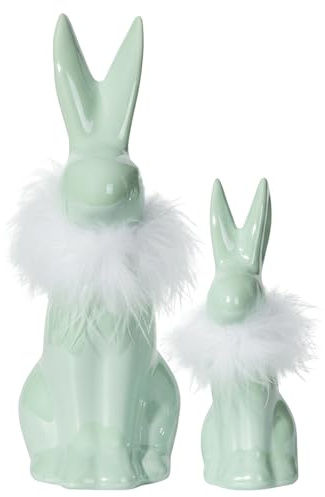 DN DECONATION Ostern Deko Osterhasen Figuren Keramik Set, 2er Set Grüne Osterhasen Deko Osterdeko mit Fellkragen für Frühlings Tischdekoration, Garten Deko und Ostergeschenk