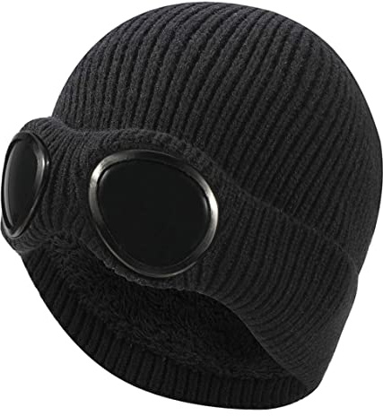Grtheenumb Beanie-Mütze mit Schutzbrille, gestrickte Beanie-Mütze, Winter-Thermo-Totenkopfkappe mit Abnehmbarer Schutzbrille, Gehörschutz, Schwarz