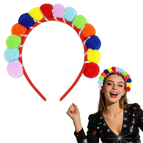 Regenbogen Haarreif, Clown KostüM Damen, Haarreif mit mehrfarbigen Pompons, Pompon Karneval Haarband, haarreifen fasching damen für fasching faschingskostüme damen karneval kostüm Dame haarreifen