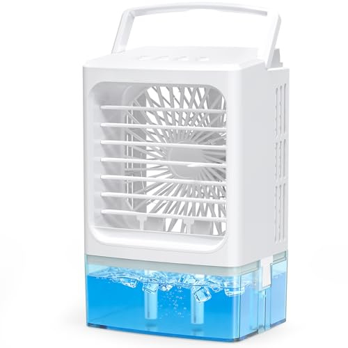 Mini Klimaanlage Ventilator 4-in-1, Luftkühler mit Befeuchter & LED Licht | Lüfter, 900ml Wassertank, 3 Geschwindigkeiten, 60° Verstellbar, USB 5V, Leise Mobiler Air Cooler für Büro Schlafzimmer Auto