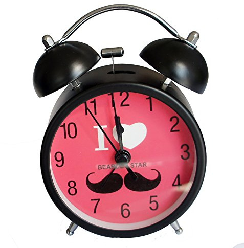 HAND ® I Love Mustache Extremely Silent Metal Twin Bell Alarm Clock - Assorted Colours and Sizes (US2035 Black/Red-Pink)